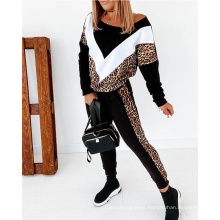 2021 New Arrival Womens Spring Casual Loose Leopard Print Outfit Stitching 2 Piece Pants Sets